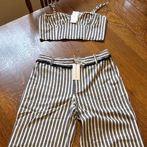 NWT Anthropologie Moon River Nautical Striped Bustier Top Cropped Leg Pant Set